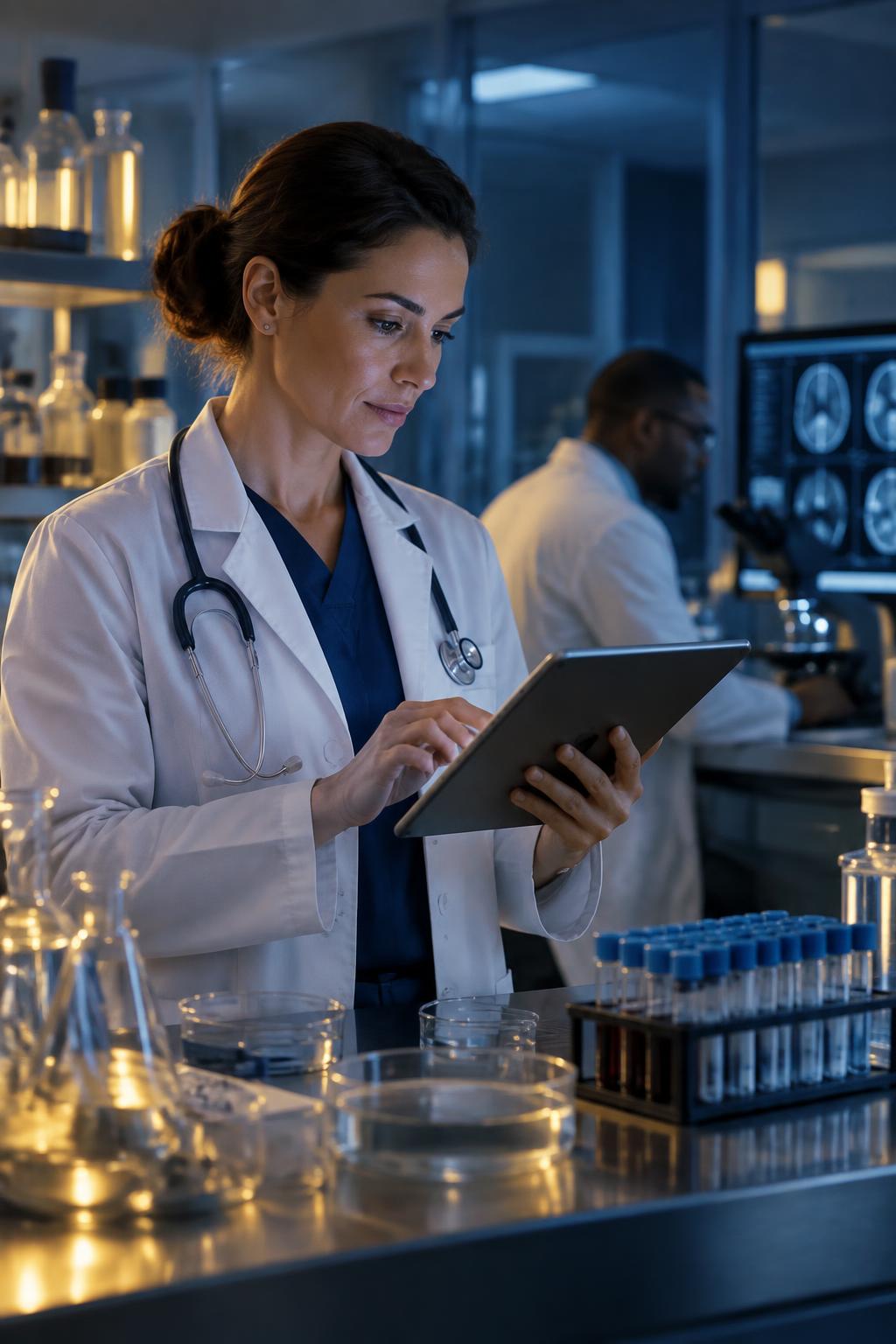 Clinician using a tablet in a healthcare technology lab